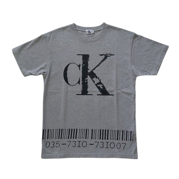 Vintage 1990s CK Calvin Klein Grey Logo Barcode T-shirt Men's Unisex Size L - Picture 1 of 4